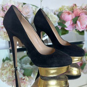 Charlotte Olympia Dolly Black Suede Heel With Gold Platform